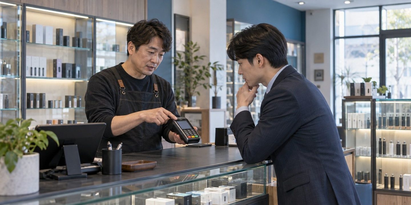 매장 카운터에서 단말기 이용을 설명하는 두 사람 — PG사 카드결제 도입 상담 실수령실수령, 요율만 보고 고르셨나요? 연락 주시면 한 해 남는 돈으로 다시 맞춰 드립니다.