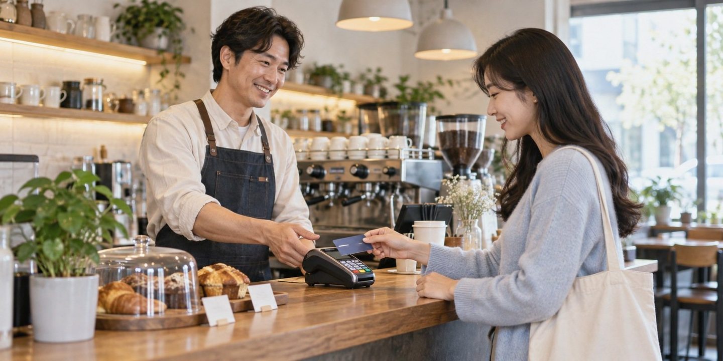 매장 카운터에서 결제 기기를 함께 확인하는 두 사람 — PG사 카드결제 도입 상담 입금일입금일, 견적마다 날짜가 엇갈리죠? 연락 주시면 달력에 풀어 나란히 보여 드립니다.