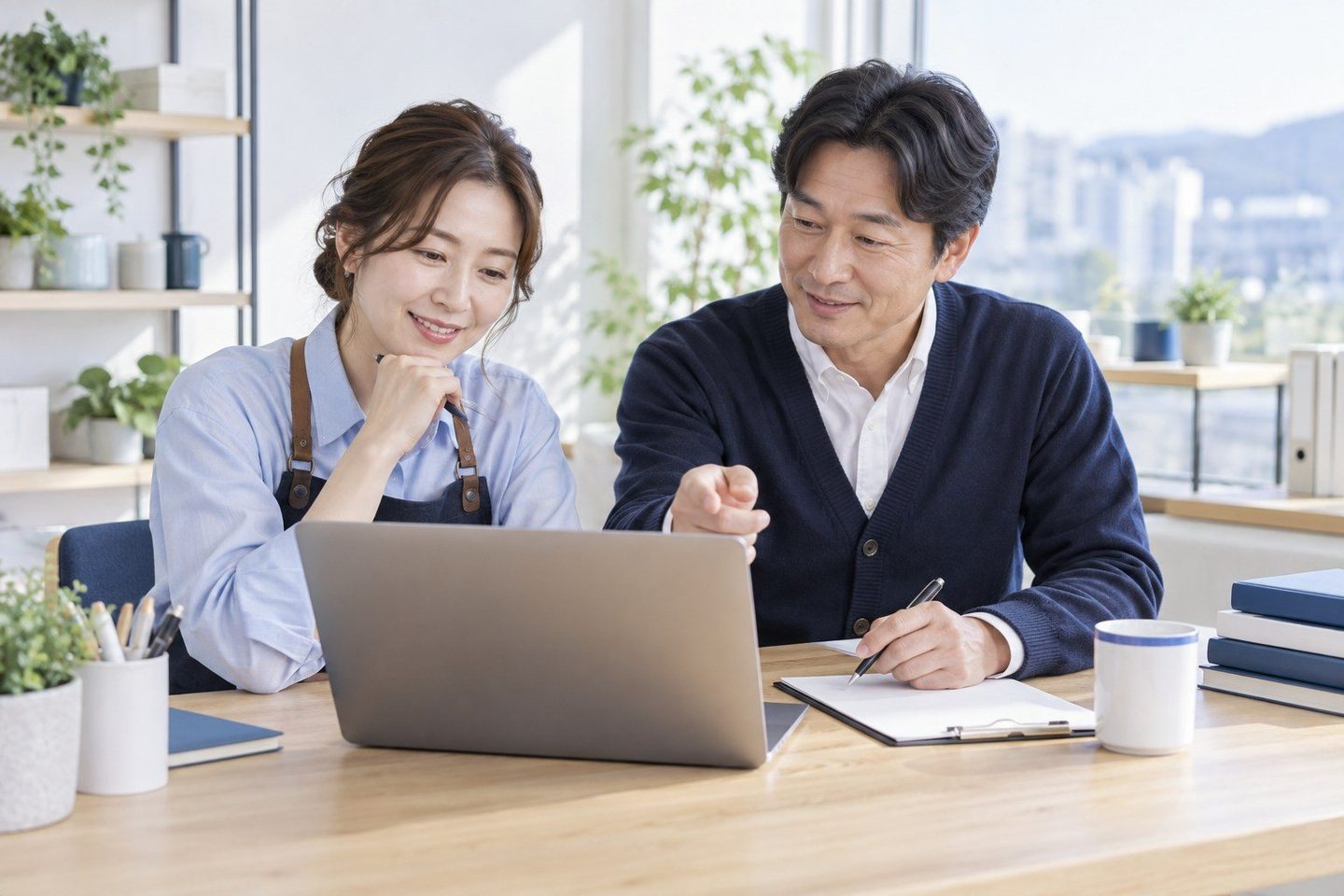 서류를 펼치고 조건을 함께 확인하는 두 사람 — PG사 카드결제 도입 상담 계약서계약서, 들은 말과 같은지 보셨나요? 연락 주시면 대조표와 한 줄씩 겹쳐 읽어 드립니다.